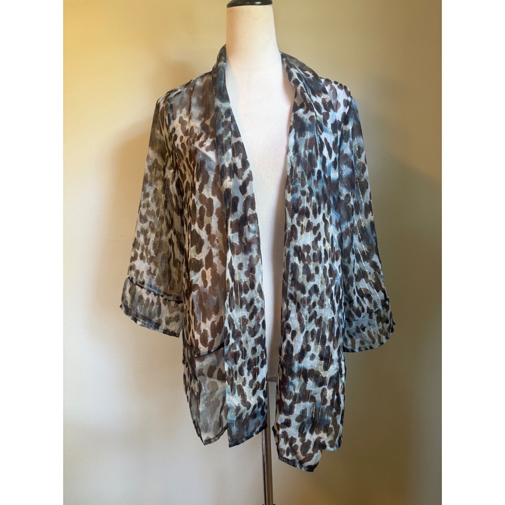 Chicos 2 Leopard Sheer Kimono Cardigan boho Metallic whimsi Y2K  Blue Brown L 12